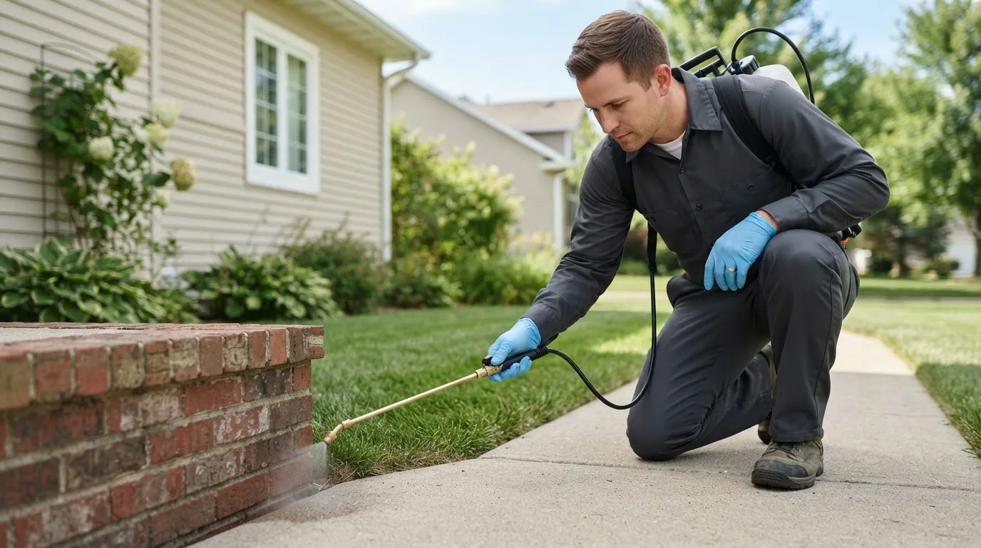 Pest control technician treating a home near Strafford, NH